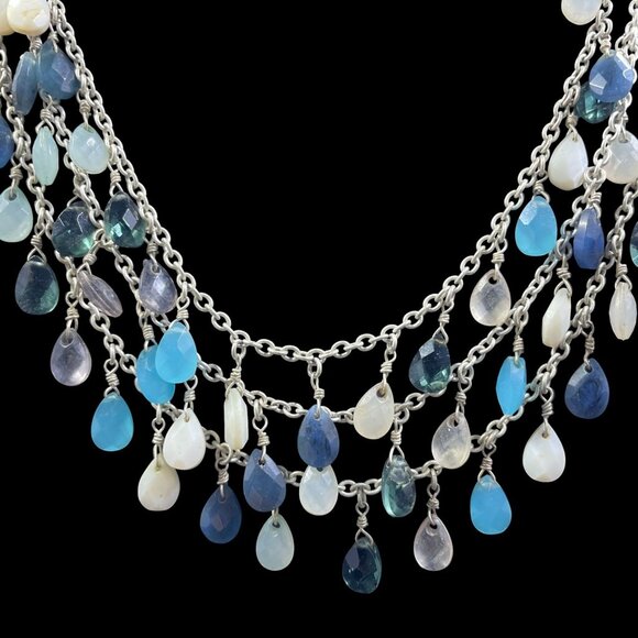 Boho Mermaidcore Layered Gemstone Dangle Necklace Silver Tone Coastal Resort - Picture 2 of 7